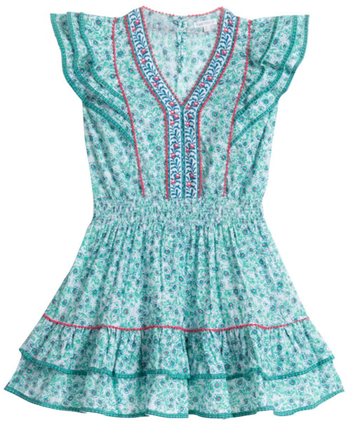 A teal floral print short dress with butterfly sleeves, a ruffled hem, and embroidered trim detailing on the neckline and front by Poupette St Barth Girls' Camila Mini Dress.