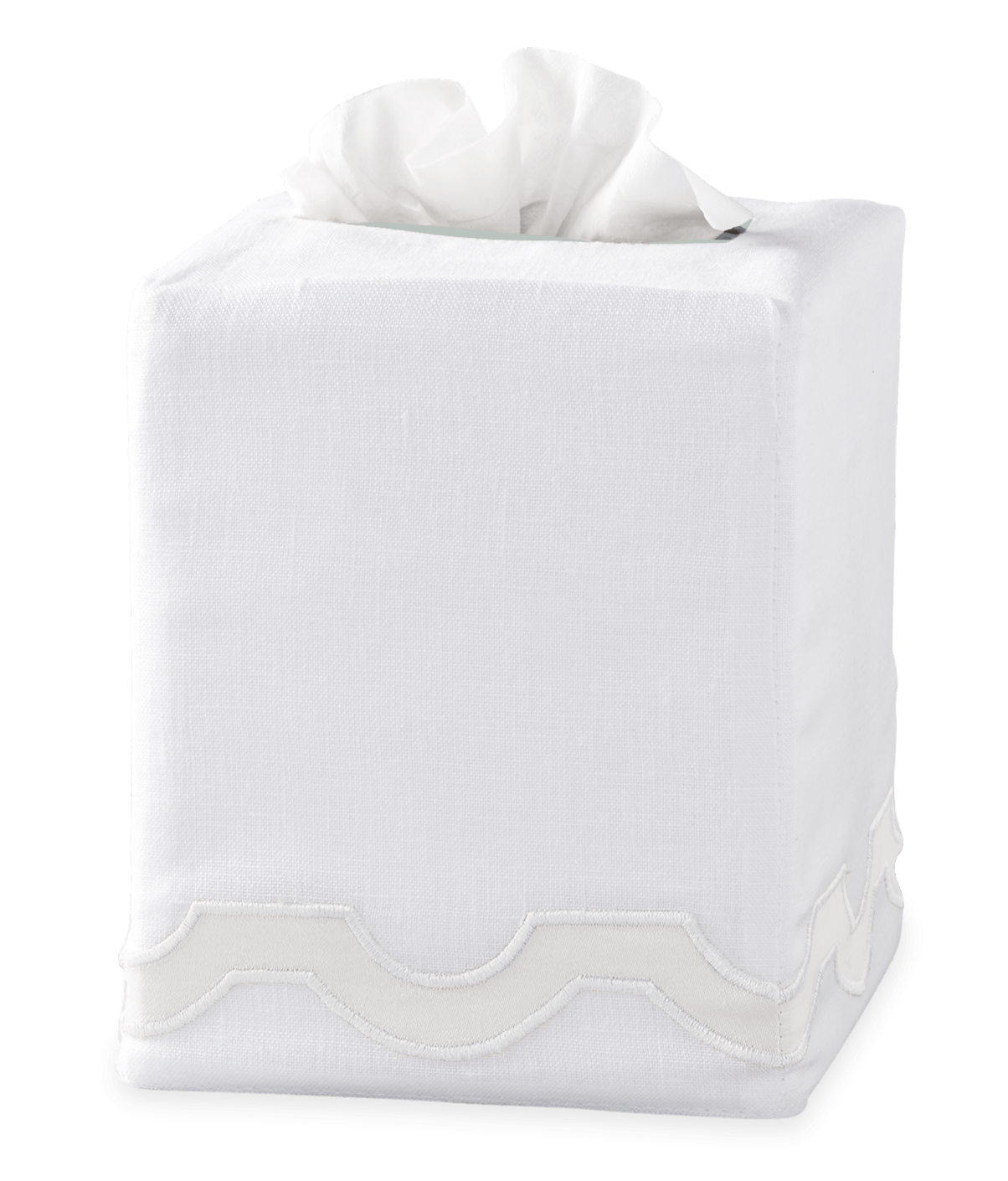 The Matouk Mirasol Bone Tissue Box Cover is crafted from white linen and features a simple decorative trim at the bottom, adding an elegant touch to any space.