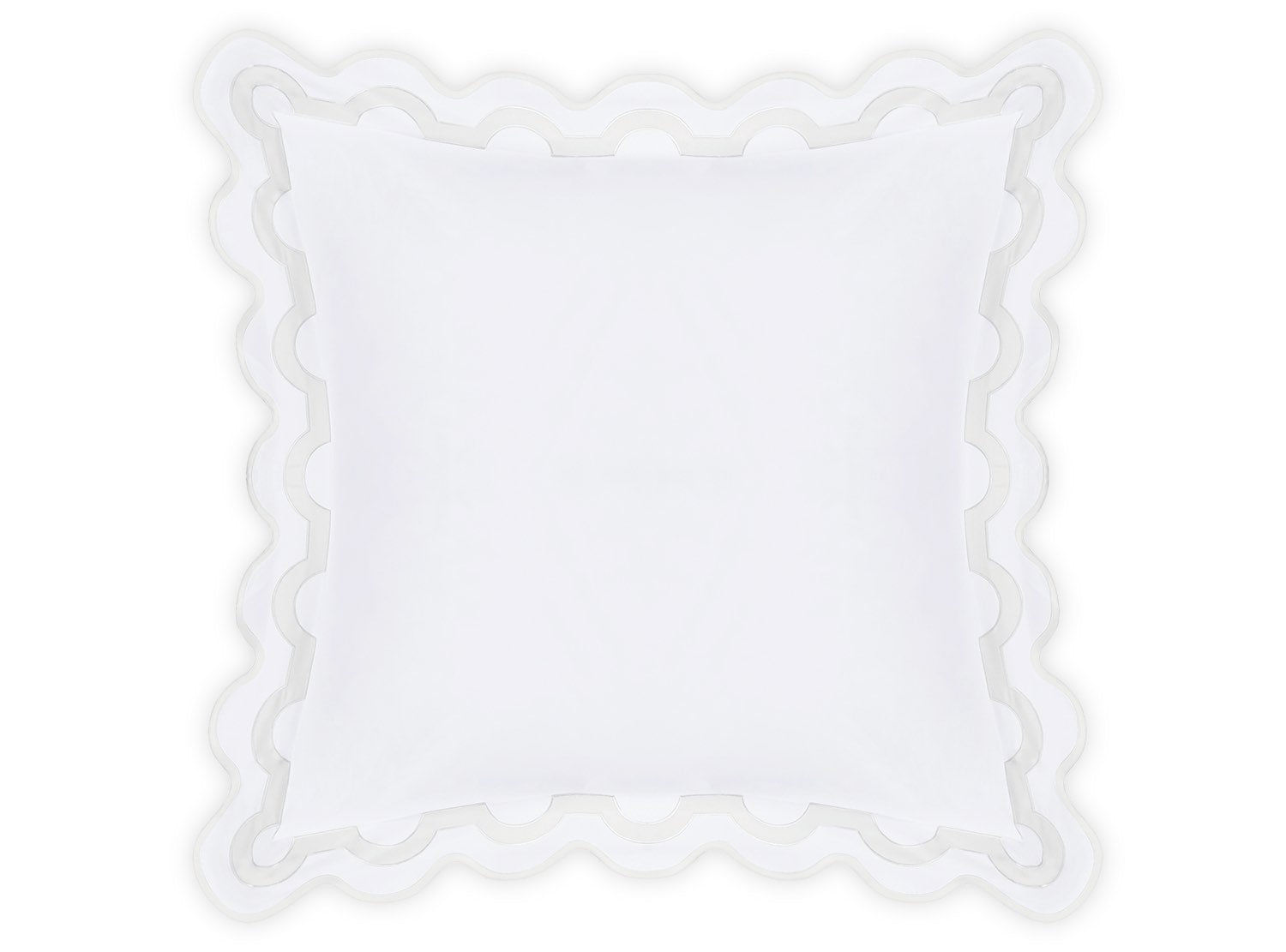 The Mirasol Bedding Collection in Bone by Matouk features a square white pillow made from Milano Egyptian cotton with a decorative scalloped edge, adding luxury to your percale bedding.