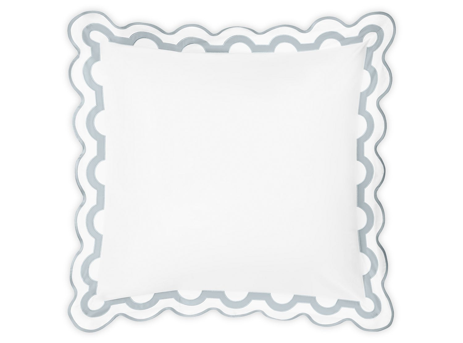 The Matouk Mirasol Bedding Collection in Pool features a square white pillow with a decorative gray scalloped border, meticulously crafted from Egyptian cotton percale.