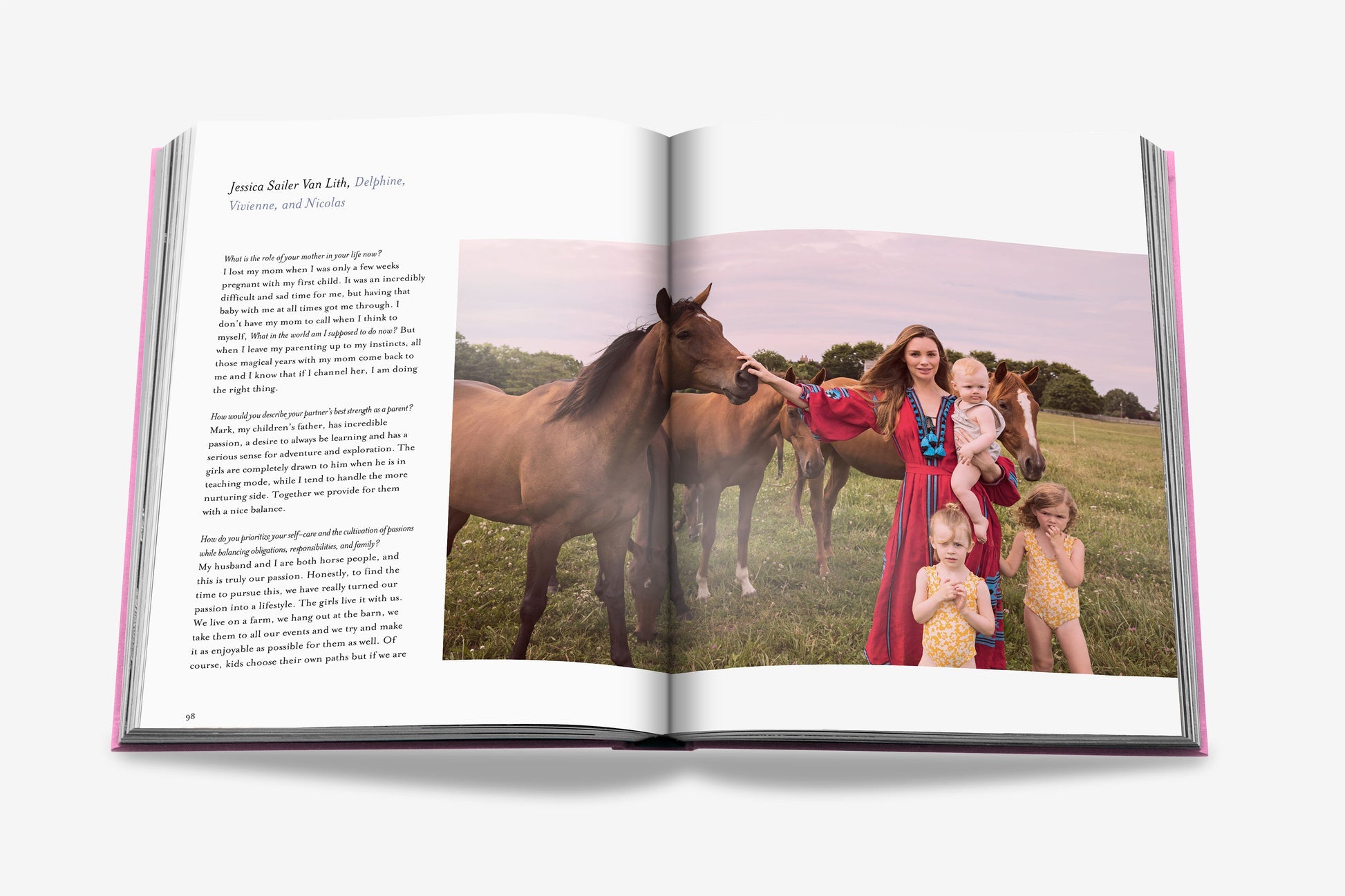 An open copy of Assouline’s "Mother and Child" displays a Claiborne Swanson Frank portrait of a woman with three children and three horses in a grassy field, opposite printed text—a tribute to modern motherhood.