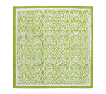 The Kim Seybert Alfresco Napkin Set features green and white rectangular napkins with a repeating diamond pattern, stylized woven designs, block printing details, and a solid green border.