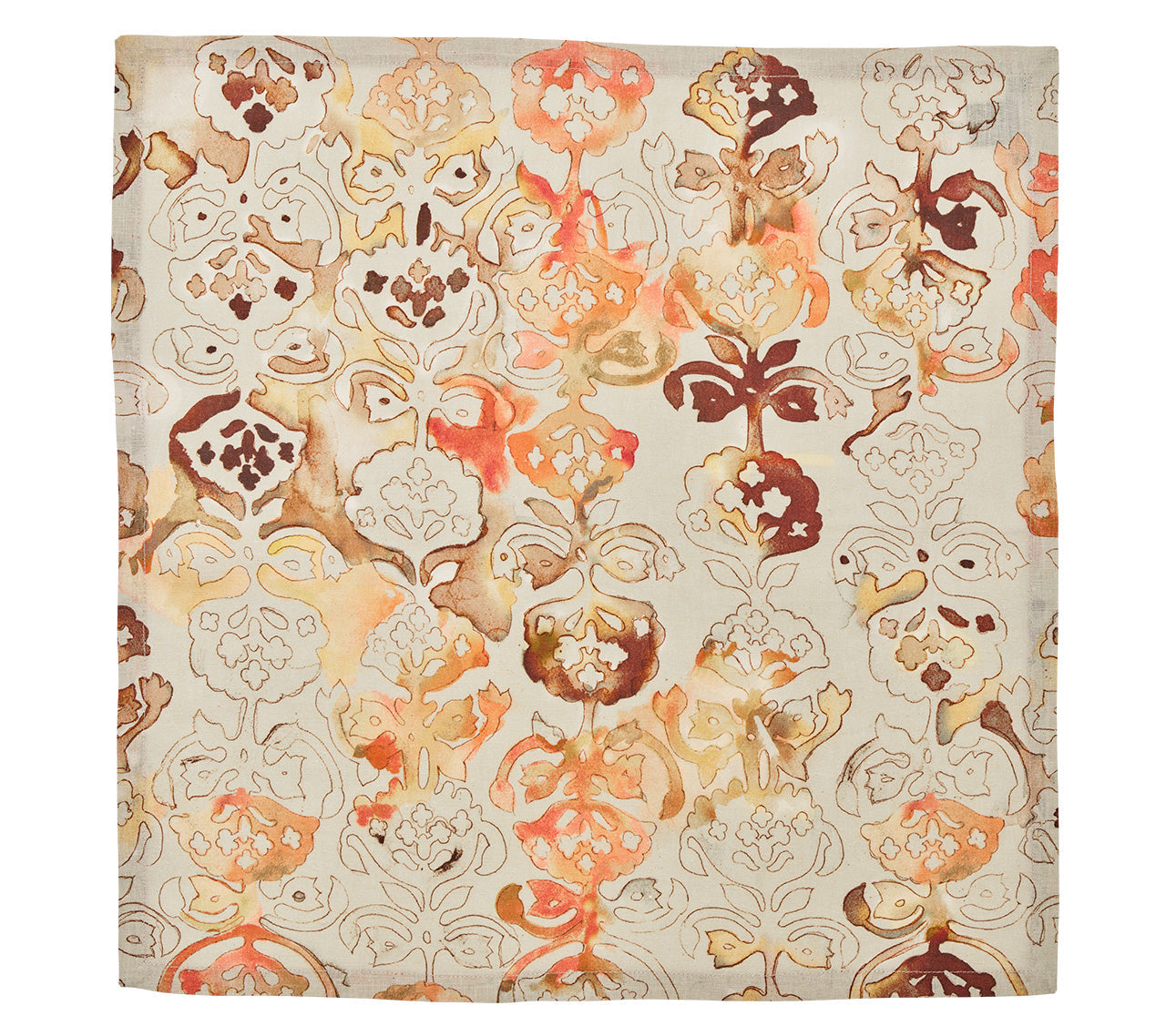 The Giverny Napkin Set by Kim Seybert features square napkins with an ornate, abstract floral pattern in orange, brown, and beige on a light background, inspired by Monet’s impressionist style.