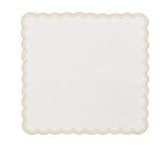The Kim Seybert Lune Napkin Set features white napkins with scalloped edges and gold stitched borders, perfect for elevating any table setting.