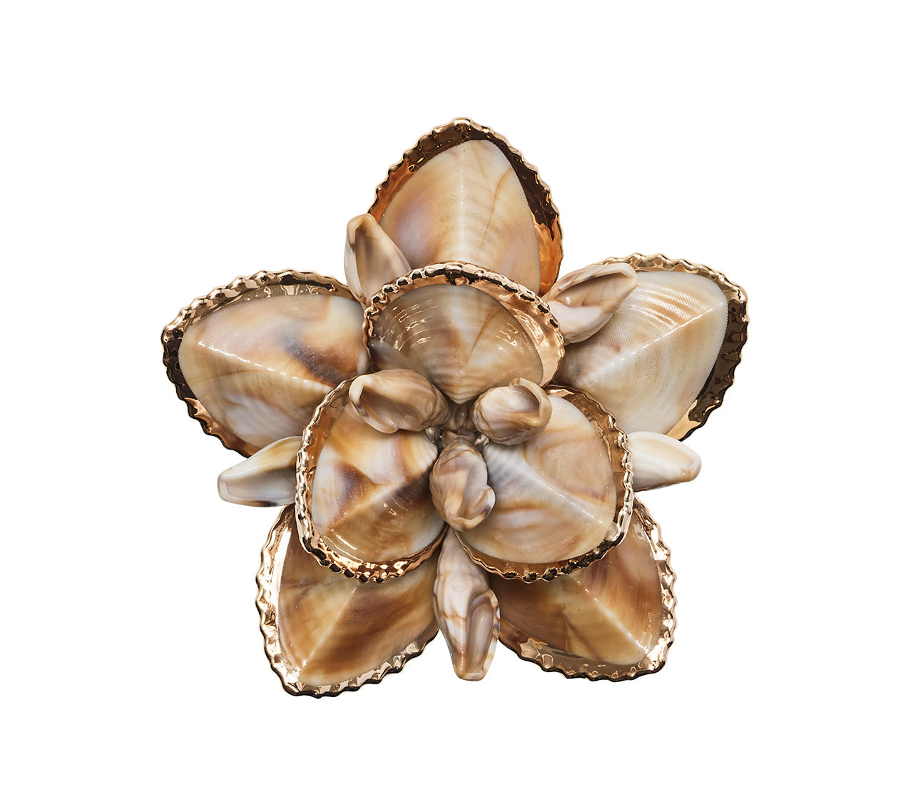 The Beachcomber Napkin Ring Set by Kim Seybert features layered, flower-shaped rings crafted from brown and cream seashells with gold edges—ideal for coastal-inspired table decor.