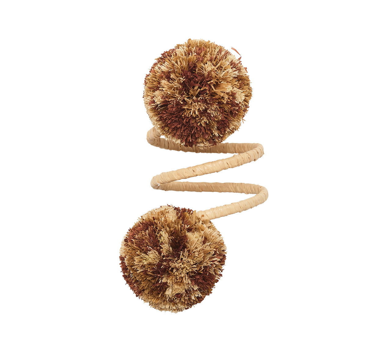 The Kim Seybert Casbah Napkin Ring features a coiled beige rope and brown-tan spherical raffia brushes at each end, blending natural elegance for your table. Displayed on a white background.