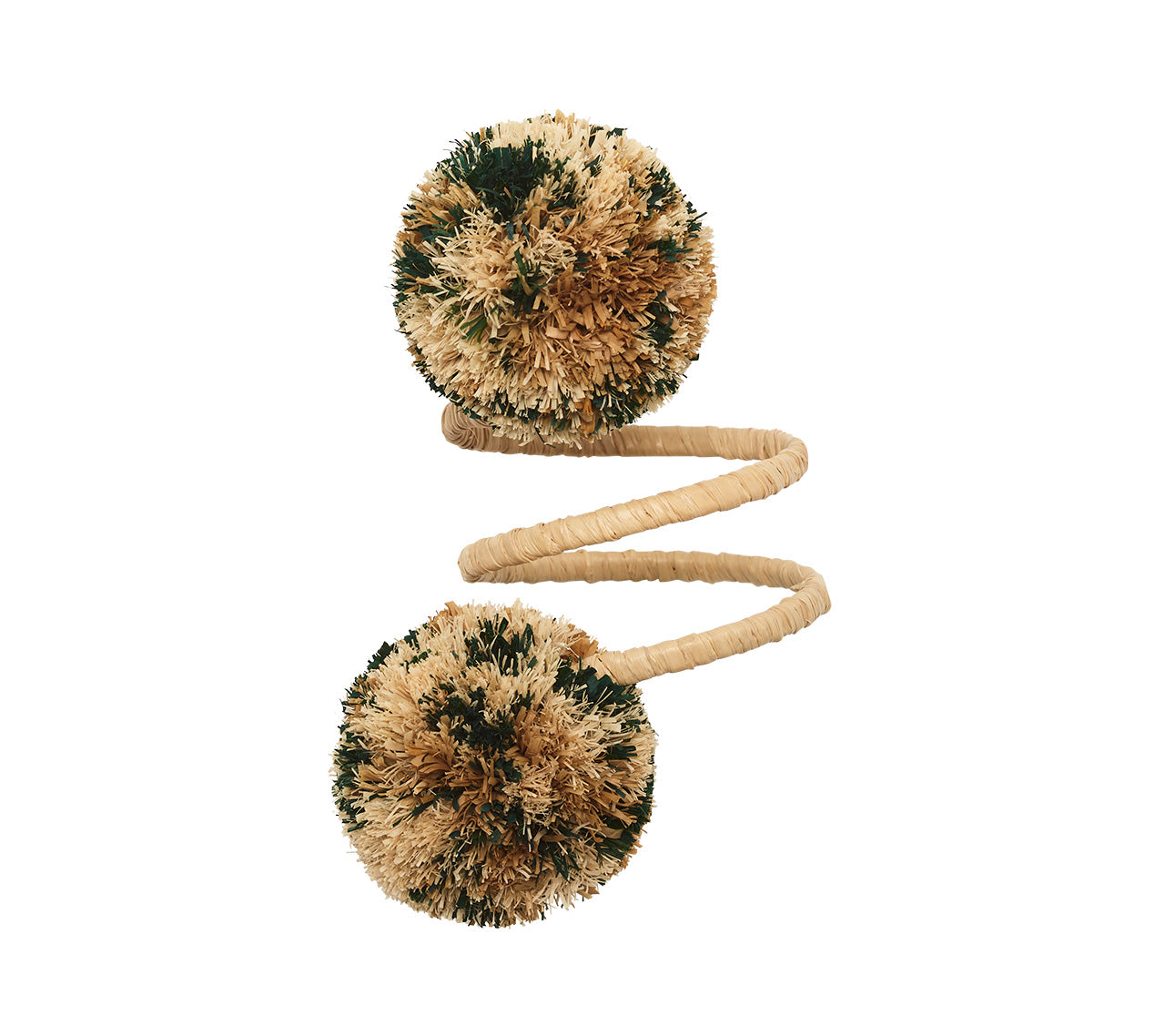 The Kim Seybert Casbah Napkin Ring features two pom-poms at each end of a coiled, spring-like wire, wrapped in beige and dark green for an elegant, organic look inspired by natural raffia.