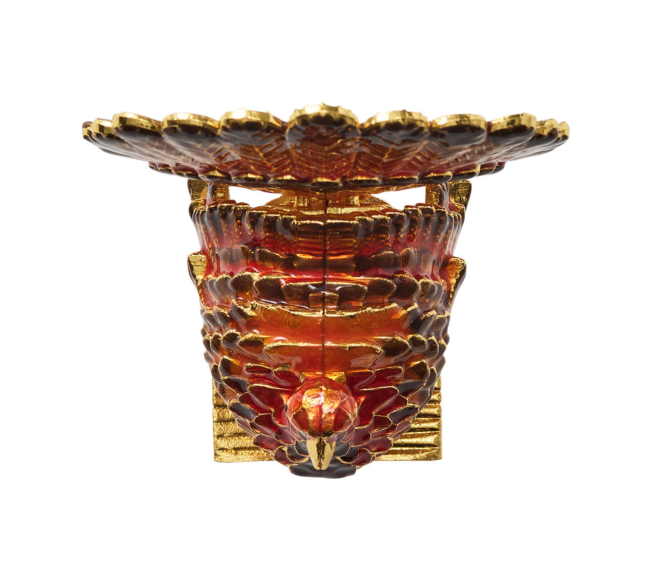 The Kim Seybert Turkey Trot Napkin Ring Set features intricate detailing and a symmetrical pattern—perfect for complementing autumn table decor or pairing with elegant, scalloped gold and red accents.