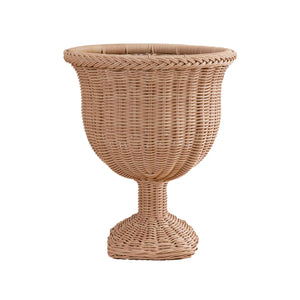 The Outdoor Braided Urn by Mainly Baskets Home features an all-weather rattan weave, a wide rim, and pedestal base—perfect for elevating your outdoor space. Shown against a white background.