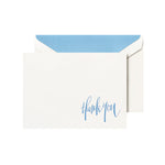 The Crane Newport Blue Thank You Note Card Set features whimsical blue script text on pure cotton paper and includes a matching blue inner envelope lining.