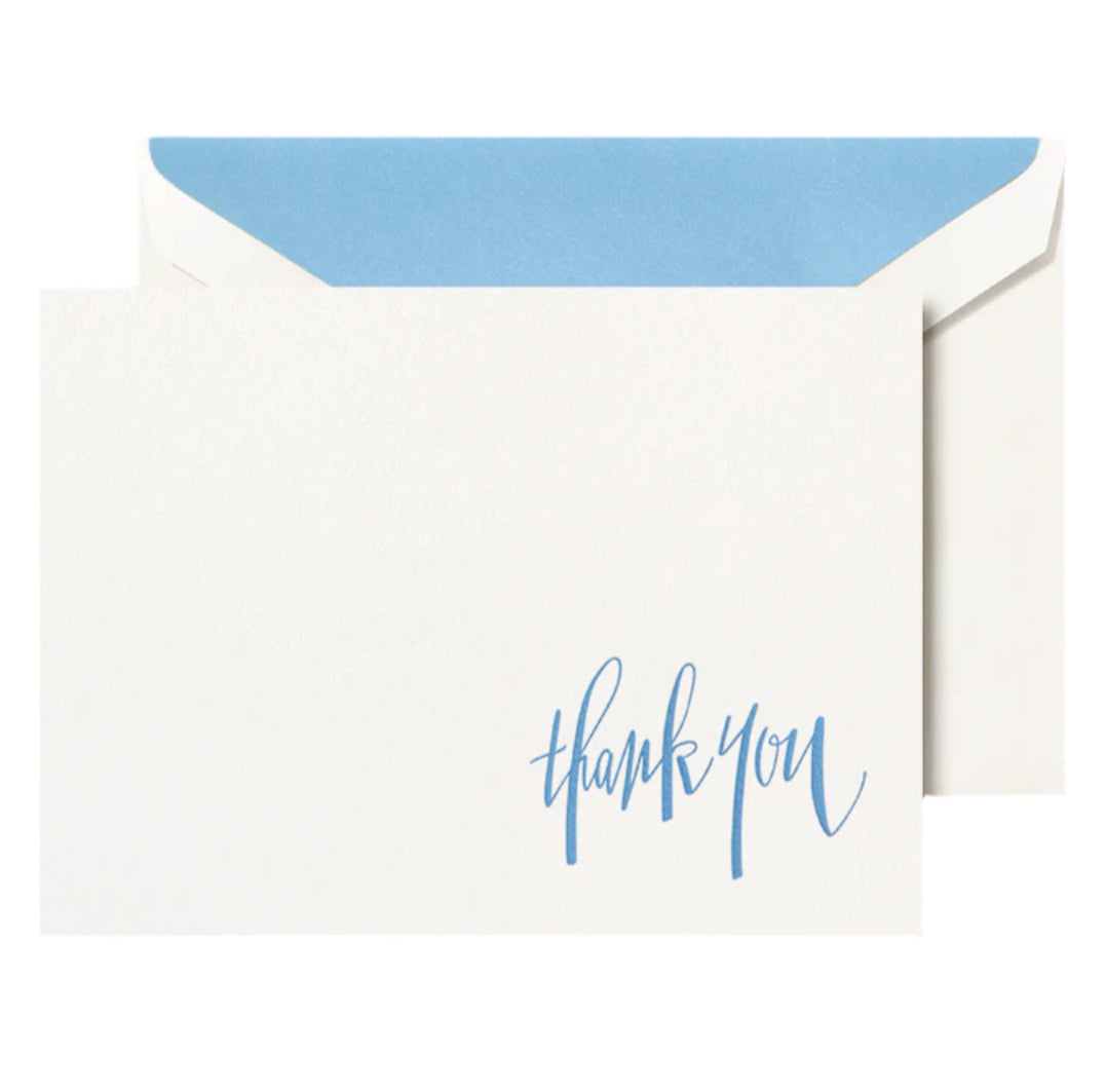 The Crane Newport Blue Thank You Note Card Set features whimsical blue script text on pure cotton paper and includes a matching blue inner envelope lining.
