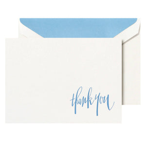 The Crane Newport Blue Thank You Note Card Set features whimsical blue script text on pure cotton paper and includes a matching blue inner envelope lining.