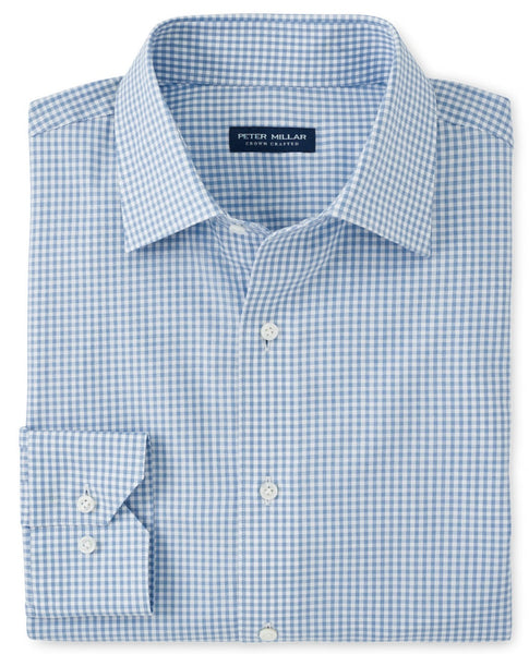A blue and white gingham Peter Millar Francis Cotton Sport Shirt.