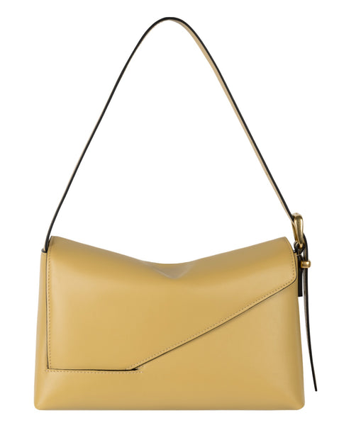 Yellow Wandler Oscar Baguette shoulder bag with a flap closure on a white background.
