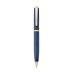 The Graphic Image Leather Wrapped Pen Collection features a blue and gold ballpoint pen with a textured leather surface and gold clip, displayed vertically against a white background.