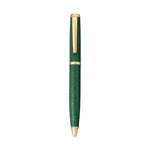The Leather Wrapped Pen Collection by Graphic Image features a green ballpoint pen with gold accents and a textured leather barrel, displayed vertically on a white background—an elegant gift for any occasion.