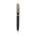 The Leather Wrapped Pen Collection by Graphic Image features a sleek black and gold ballpoint pen with a textured barrel and clip, shown upright on a white background—a refined gift for any occasion.