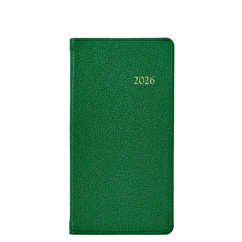 A green leather 2026 Pocket Journal Planner from Graphic Image, Smyth sewn and gold-embossed, is shown on a white background.