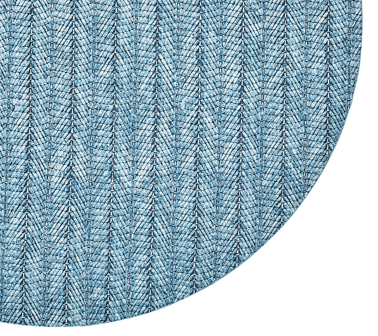 Close-up of the Kim Seybert Herringbone Placemat, featuring a circular design in polyvinyl with a blue and white chevron pattern—ideal for adding texture and style to spring and summer dining.