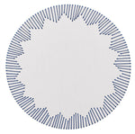 The Kim Seybert Dream Weaver Placemat features a circular white design with a stitched dark blue border and starburst blue radial lines—ideal for adding woven style to summer entertaining.