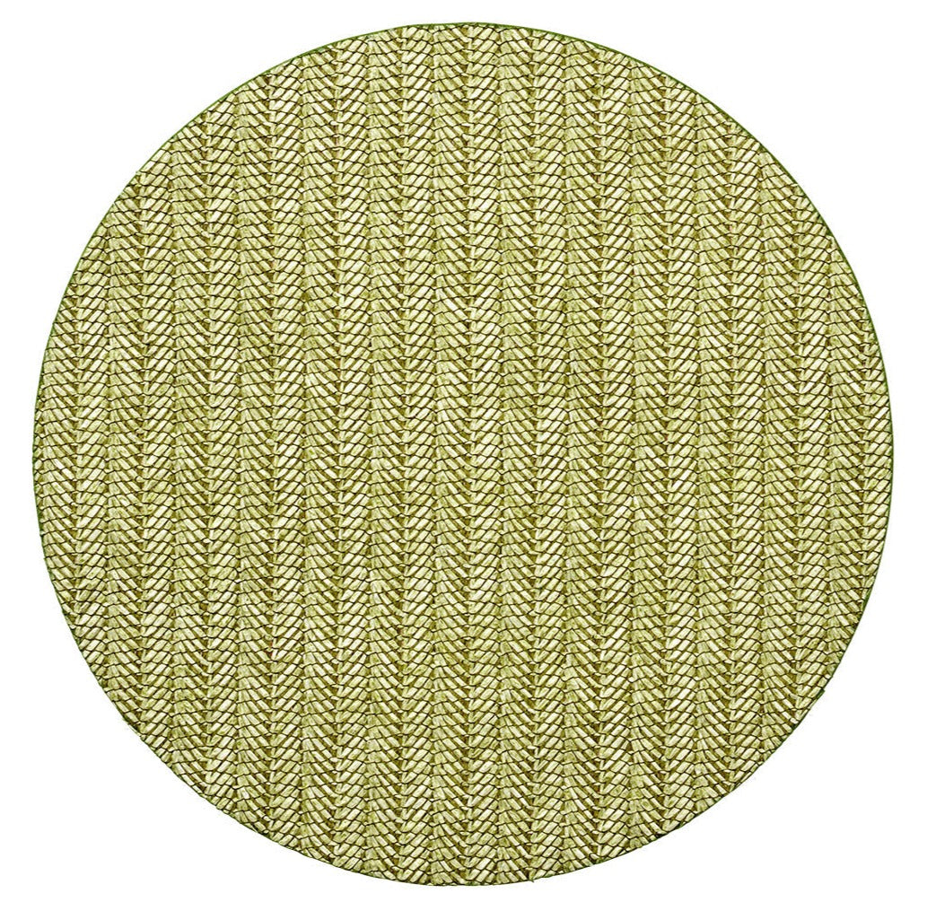 The Kim Seybert Chevron Moss Placemat features a moss-green and cream chevron pattern with textured stitching on a white background.