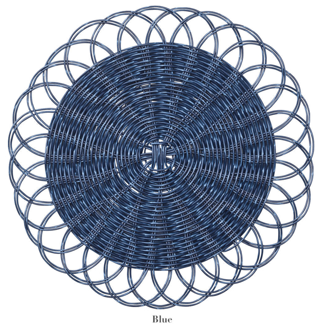 Round blue woven placemat with scalloped edges, seen from above. The Kim Seybert Alfresco Placemat features a handwoven faux rattan look and the word "Blue" displayed below.