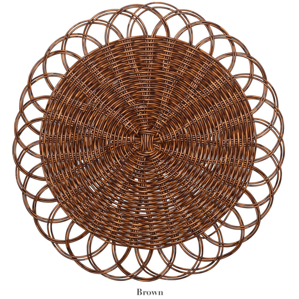 The Kim Seybert Alfresco Placemat is a round, brown faux rattan piece featuring an intricate woven pattern and scalloped edges, ideal for alfresco dining.