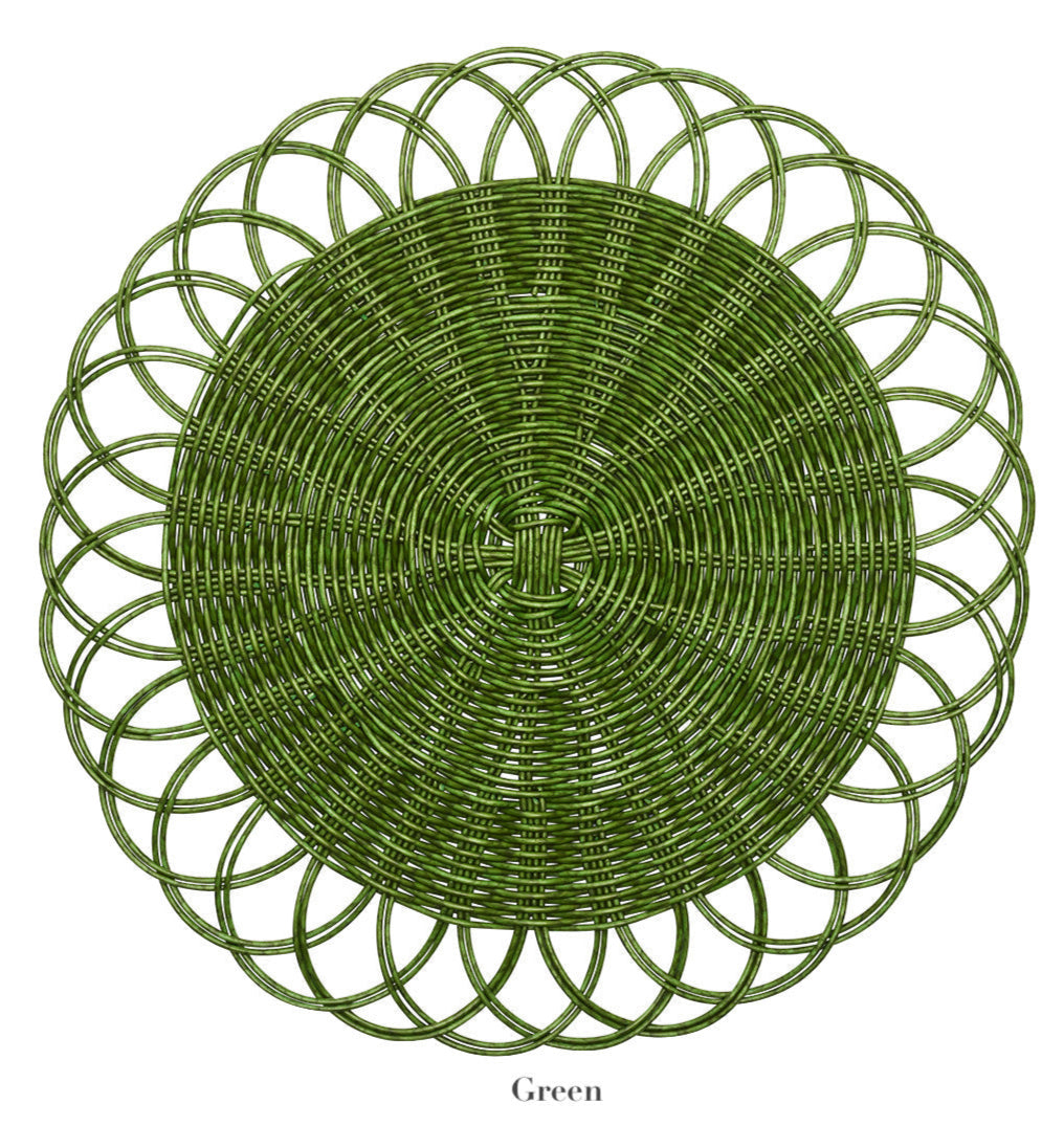 The Kim Seybert Alfresco Placemat is round, green, handwoven from faux rattan with scalloped edges, shown against a white background.