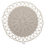 Round gray Kim Seybert Alfresco Placemat with an intricate handwoven faux rattan pattern and decorative scalloped edges, shown from above.