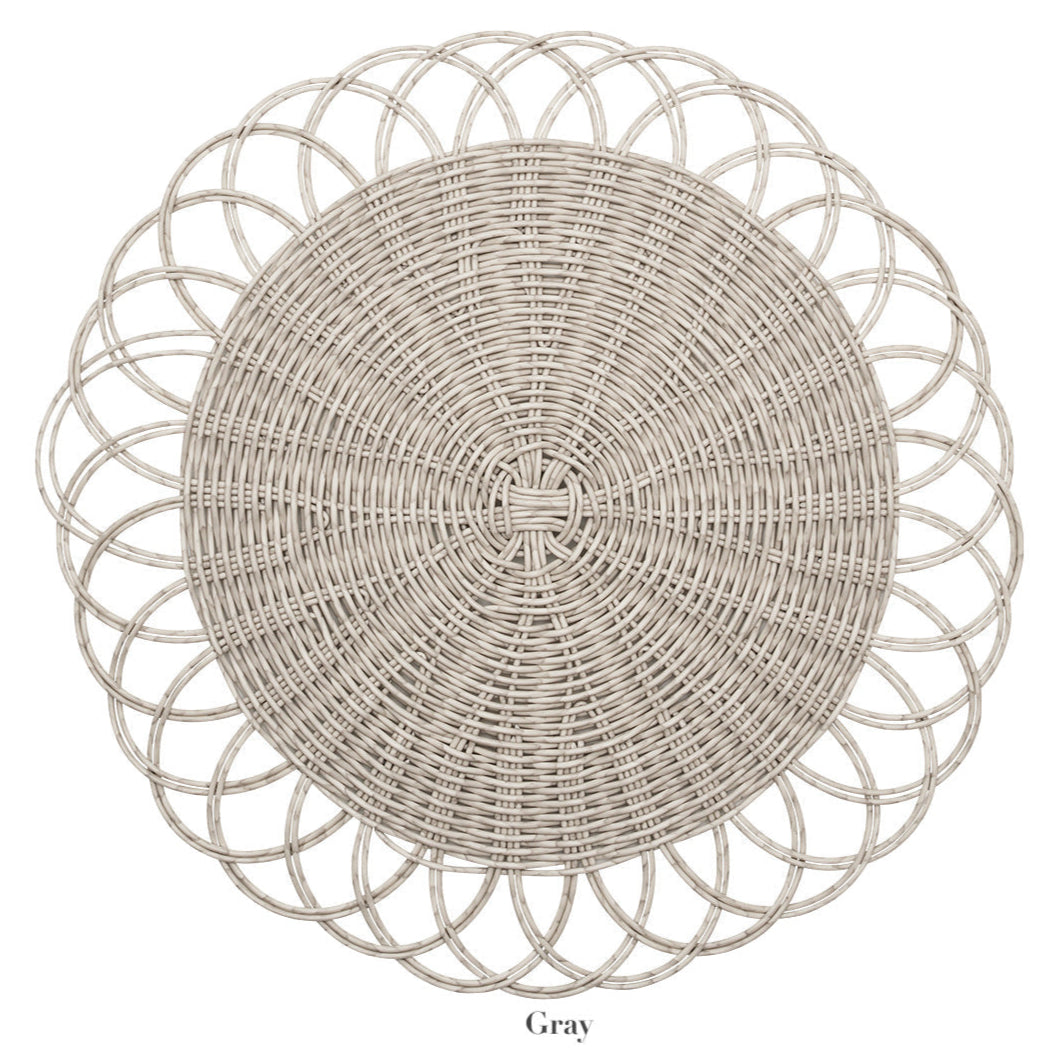 Round gray Kim Seybert Alfresco Placemat with an intricate handwoven faux rattan pattern and decorative scalloped edges, shown from above.