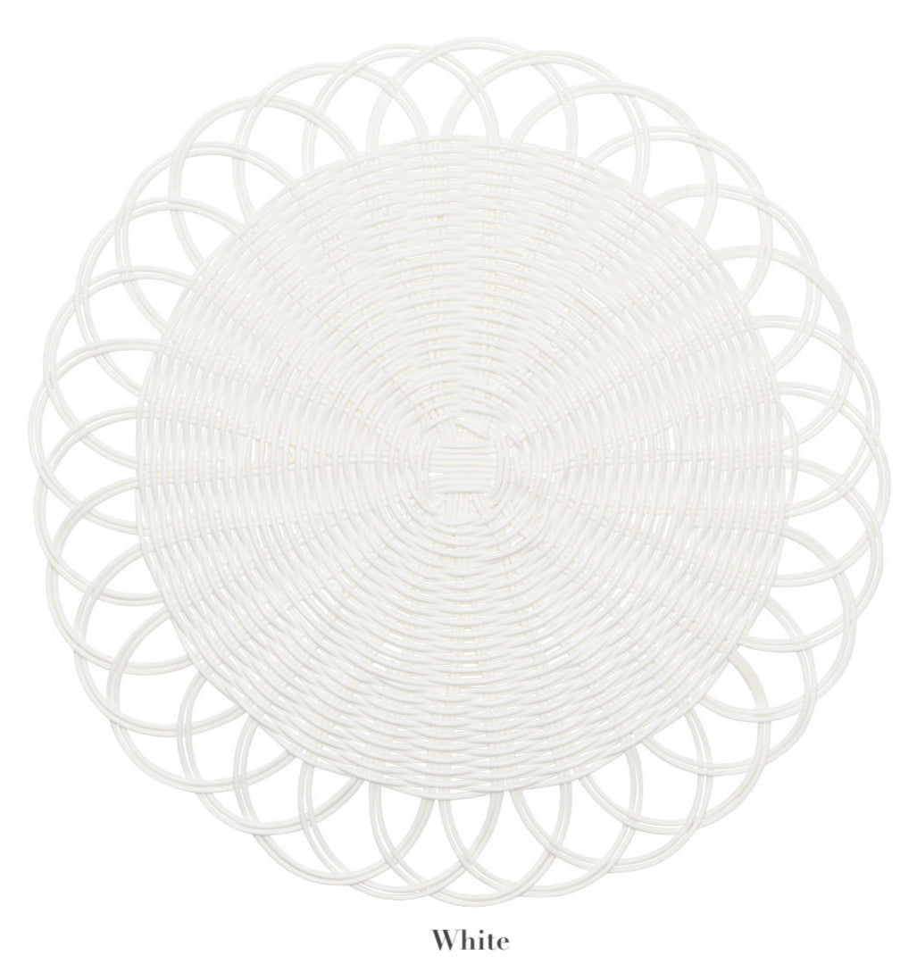 A round, handwoven faux rattan Kim Seybert Alfresco Placemat with scalloped edges is displayed on a plain white background. The word "White" appears below the placemat.