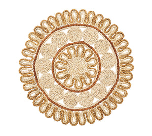 The Casbah Placemat by Kim Seybert is a handwoven round mat with an intricate braided and looped pattern in beige and light brown, set against a white background.