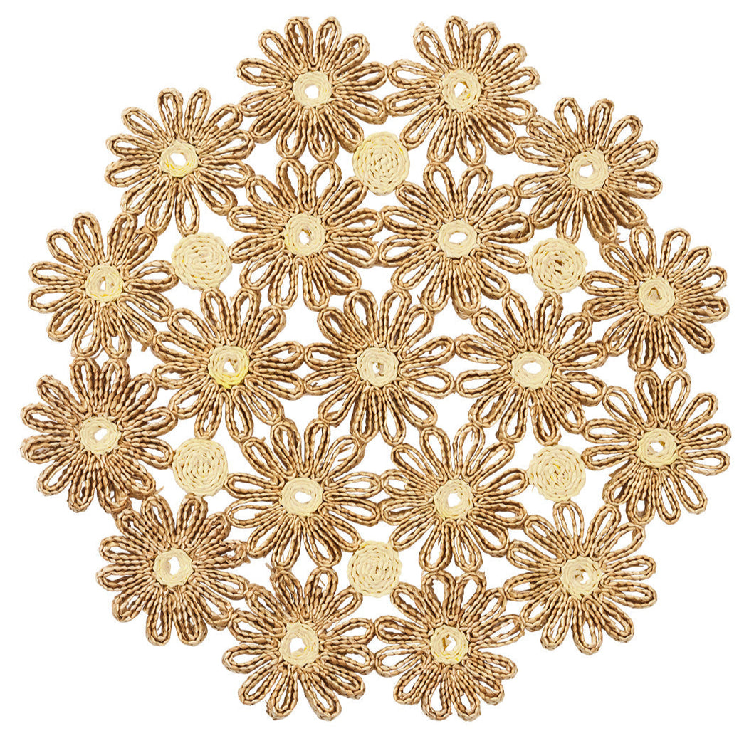 The Daisy Placemat by Kim Seybert features an intricate golden floral lace design with daisy-like flowers arranged in a circular pattern—perfect for outdoor gatherings.