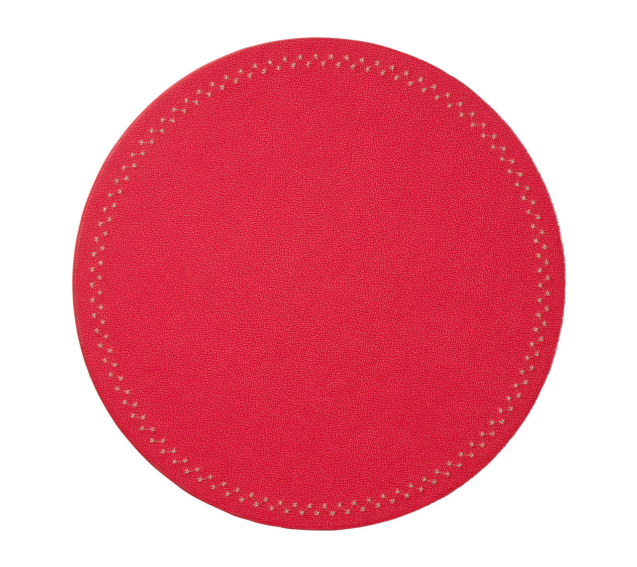 The Kim Seybert Starry Night Placemat features a round, red textured design with a stitched border and subtle metallic trim, displayed against a white background.
