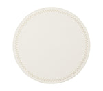 The Kim Seybert Starry Night Placemat Collection features round, white placemats with subtle texture, gold cross-stitch borders, and metallic trim—combining elegance and practicality for any table setting. Easy to clean.