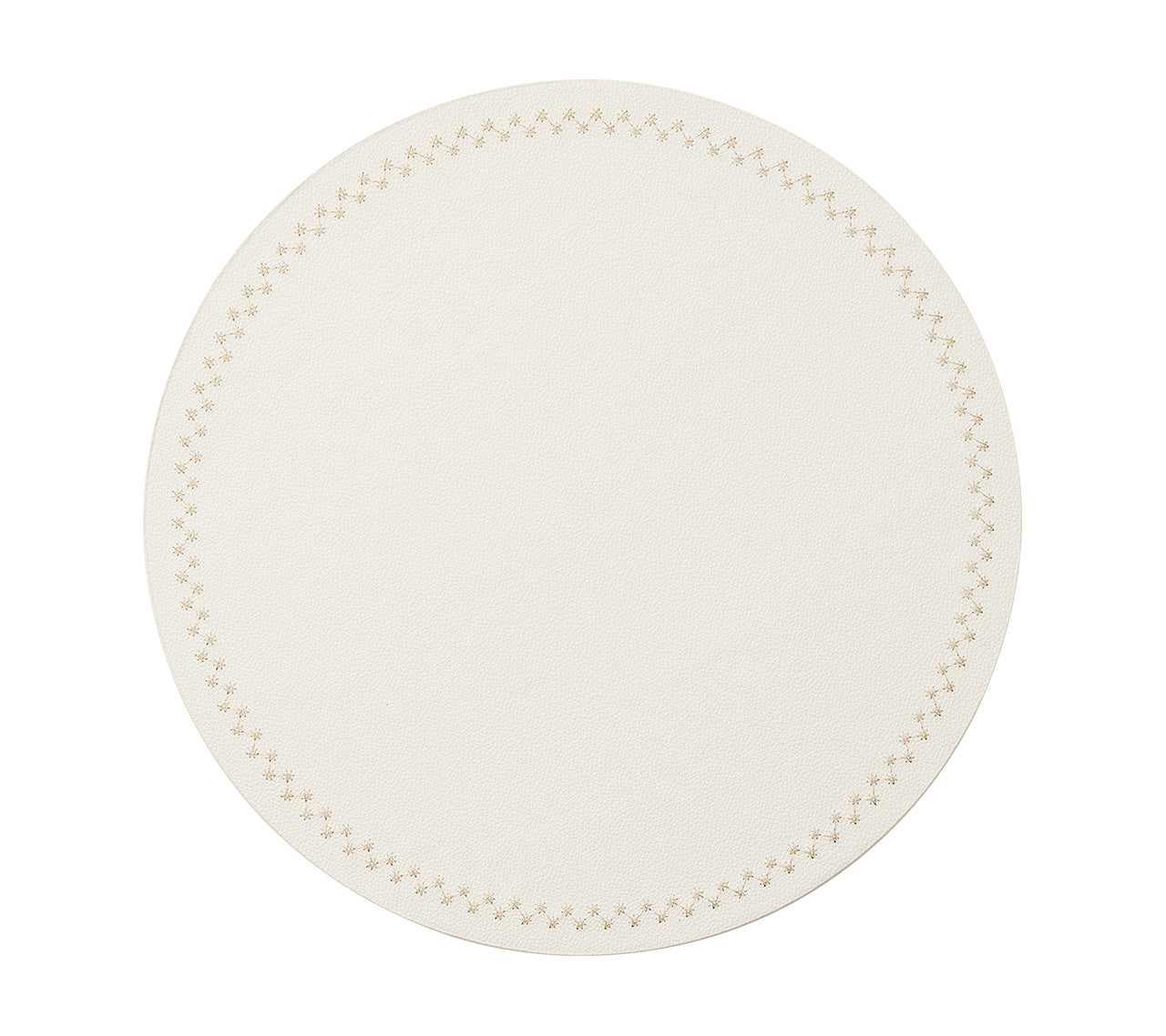 The Kim Seybert Starry Night Placemat Collection features round, white placemats with subtle texture, gold cross-stitch borders, and metallic trim—combining elegance and practicality for any table setting. Easy to clean.