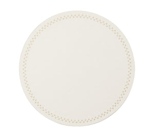 The Kim Seybert Starry Night Placemat Collection features round, white placemats with subtle texture, gold cross-stitch borders, and metallic trim—combining elegance and practicality for any table setting. Easy to clean.
