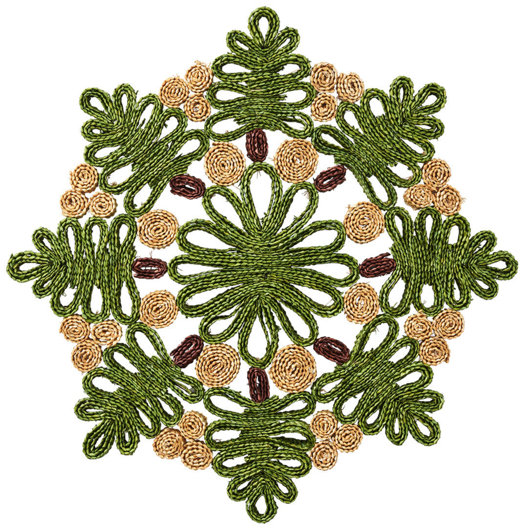 The Kim Seybert Verve Placemat in Green & Natural features an intricate, symmetrical floral and leafy mandala-inspired design—perfect as artisanal table decor.