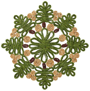 The Kim Seybert Verve Placemat in Green & Natural features an intricate, symmetrical floral and leafy mandala-inspired design—perfect as artisanal table decor.