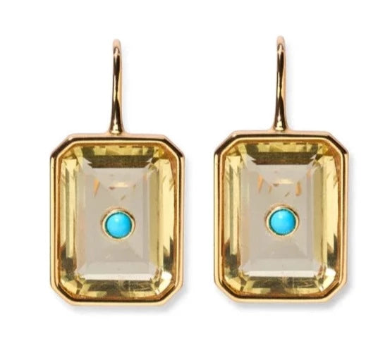A pair of yellow gold earrings with turquoise stones in a stylish design by Lizzie Fortunato..