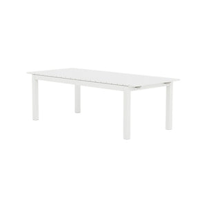 The HARBOUR OUTDOOR Pacific Aluminum Extension Dining Table in White features a rectangular design with four straight legs, crafted from powder-coated aluminum, and is displayed on a plain white background.