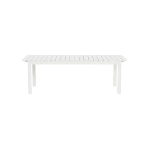 The Pacific Aluminum Extension Dining Table in White by HARBOUR OUTDOOR features a rectangular slatted top and four straight legs made from powder coated aluminum, shown against a plain white background.