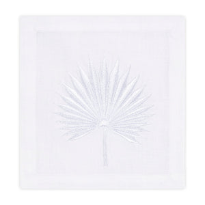 Square white Italian linen Palm Coasters, Set of 4 by Haute Home hand embroidered with a palm leaf design in the center.