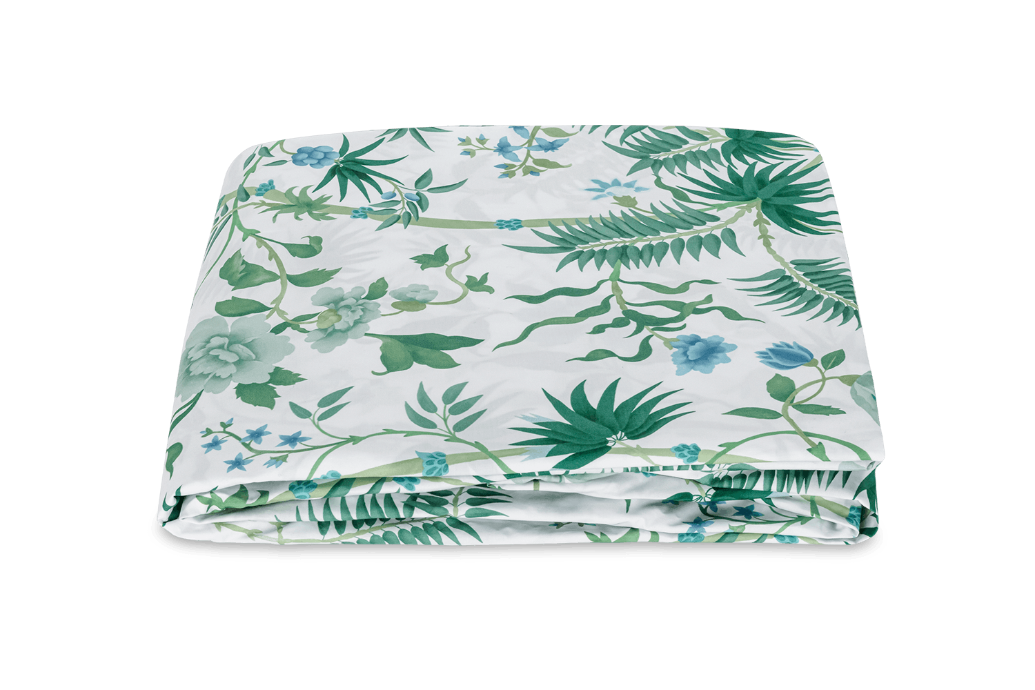The Palmyra Bedding Collection in Emerald by Matouk features a neatly folded white bedsheet adorned with green palm fronds and a floral print on a plain background.