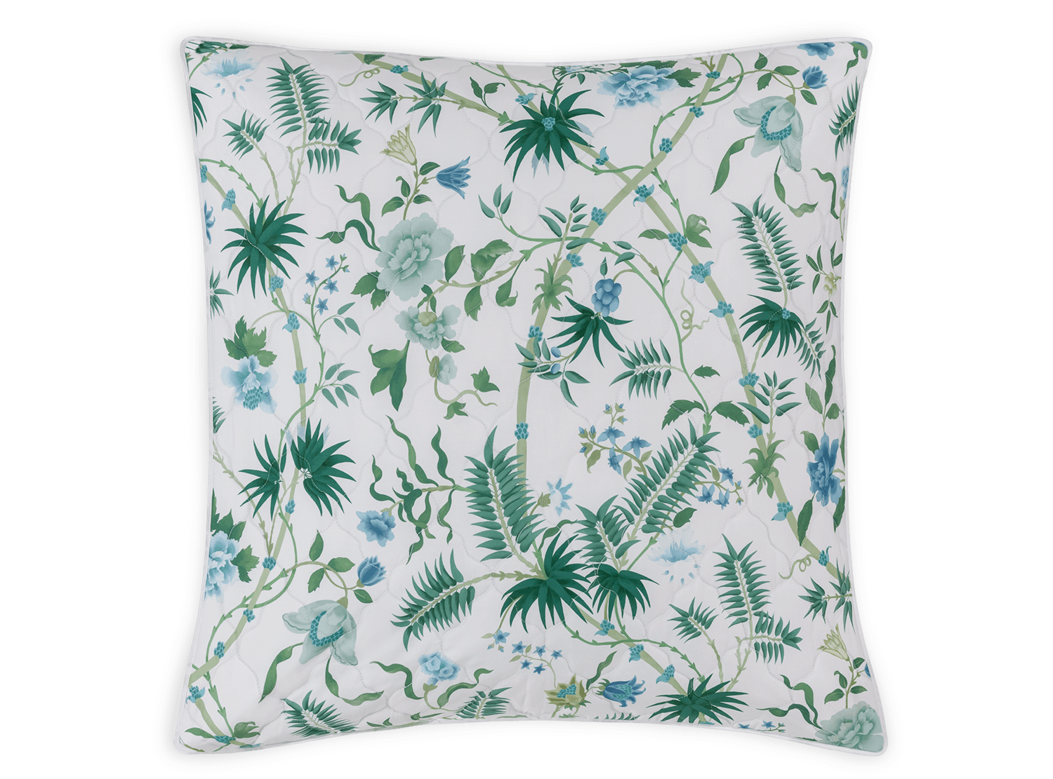 The Matouk Palmyra Bedding Collection, Emerald, features a square pillow with a white base and a botanical pattern of green leaves and blue flowers on thin vines—crafted from luxurious Egyptian cotton percale for a crisp, tropical touch.