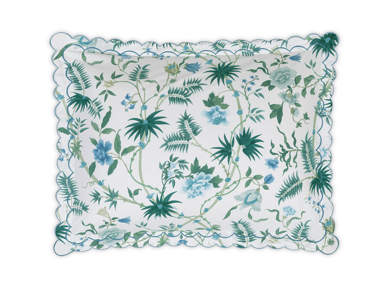 The Palmyra Bedding Collection, Emerald by Matouk features a square pillow with scalloped edges, made from Egyptian cotton percale with a green and blue botanical leaf and flower pattern on white.