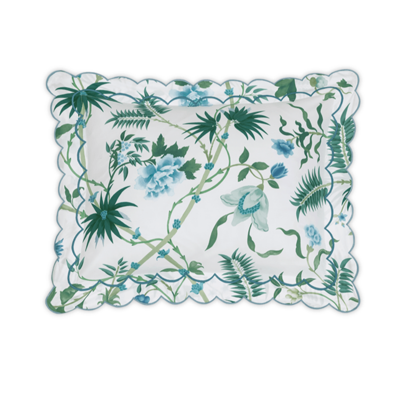 The Palmyra Bedding Collection by Matouk features a rectangular pillow sham with scalloped edges, showcasing an emerald green and blue floral and leaf pattern—perfect for adding lush style to your bedroom.