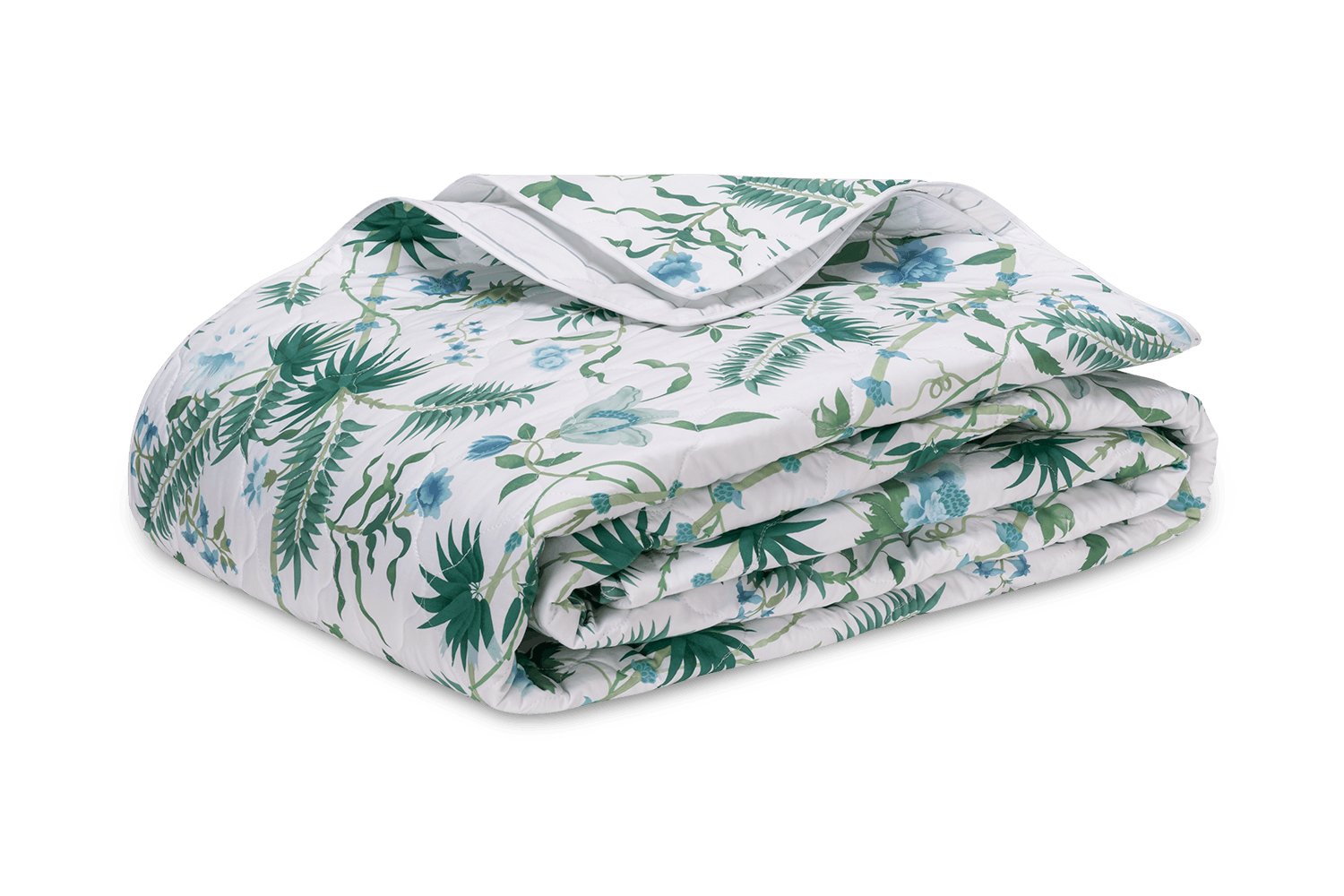 The Matouk Palmyra Bedding Collection, Emerald, features a folded quilt with a white background and an emerald green and blue botanical print on soft Egyptian cotton percale—ideal for lovers of luxurious tropical print bedding.