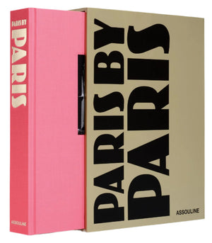Paris by Paris," a book published by Assouline, features a pink hardcover and a beige slipcase with bold black text, capturing the essence of Paris during the Belle Époque.
