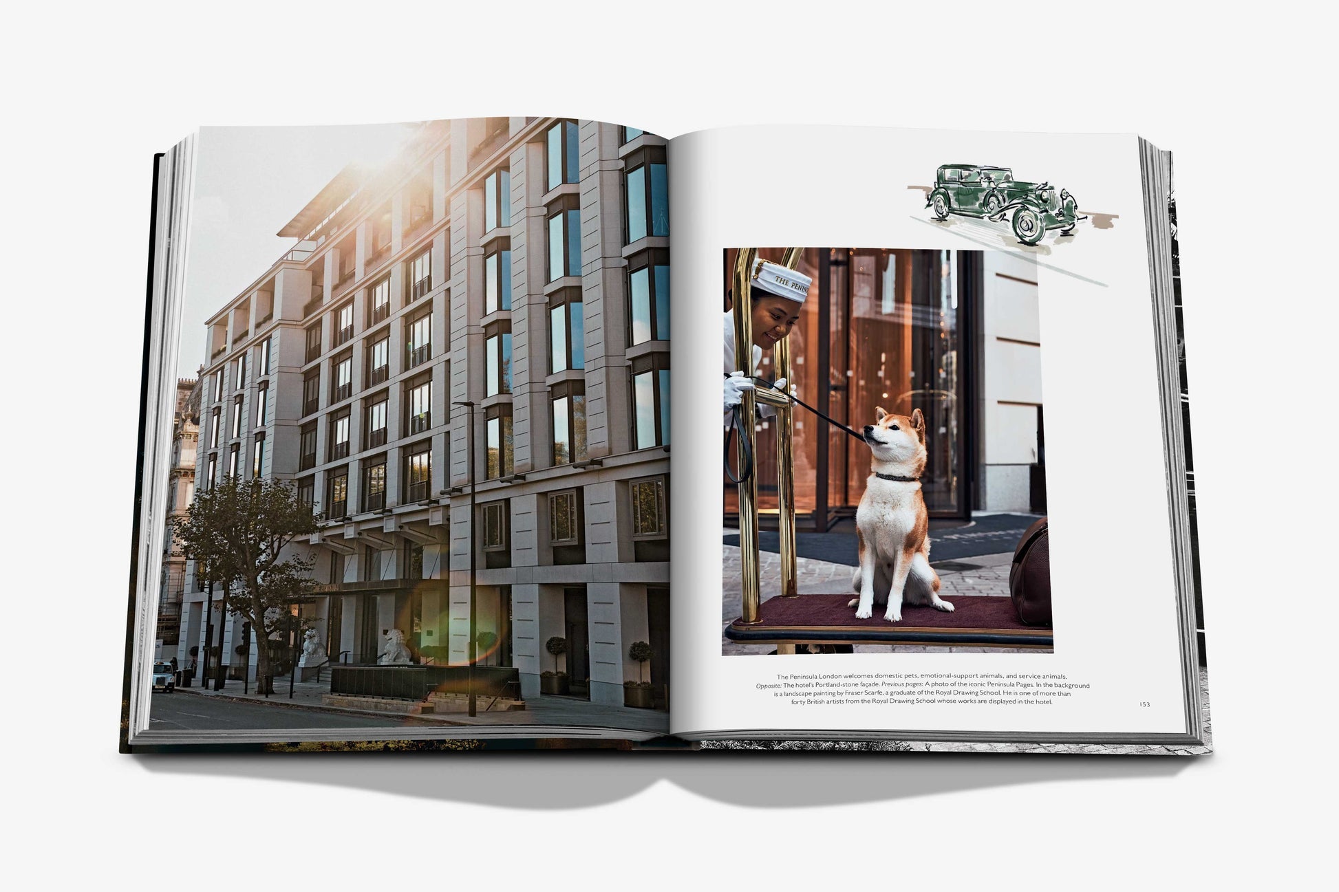 An open book by Assouline, "The Peninsula London," shows a modern multi-story building on the left page and a hotel doorman with a dog at this luxury Hyde Park hotel on the right page.
